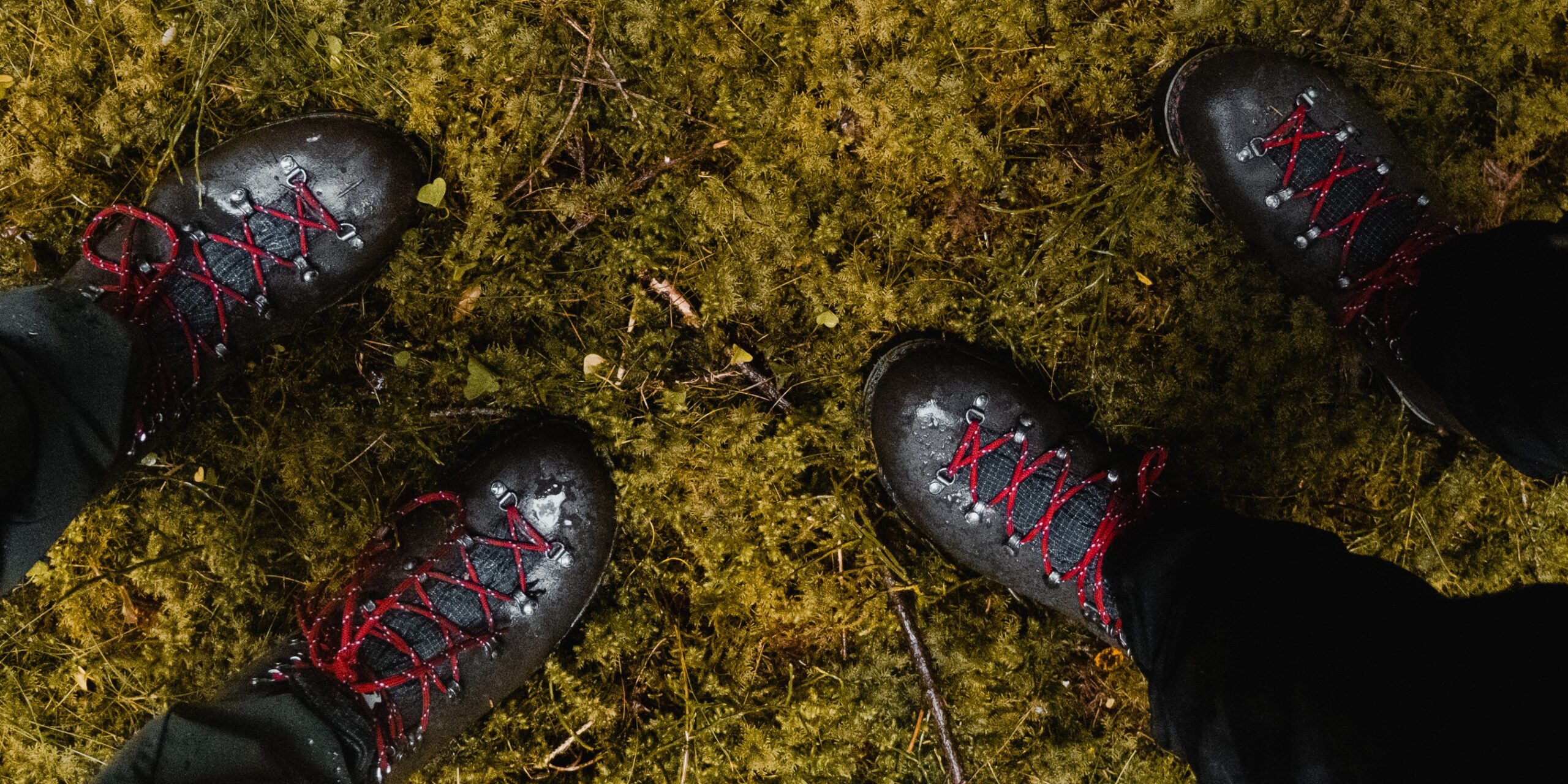 Chaussures de randonnée homme en gros plan, lacets Galibier rouge, sur un sentier de montagne.