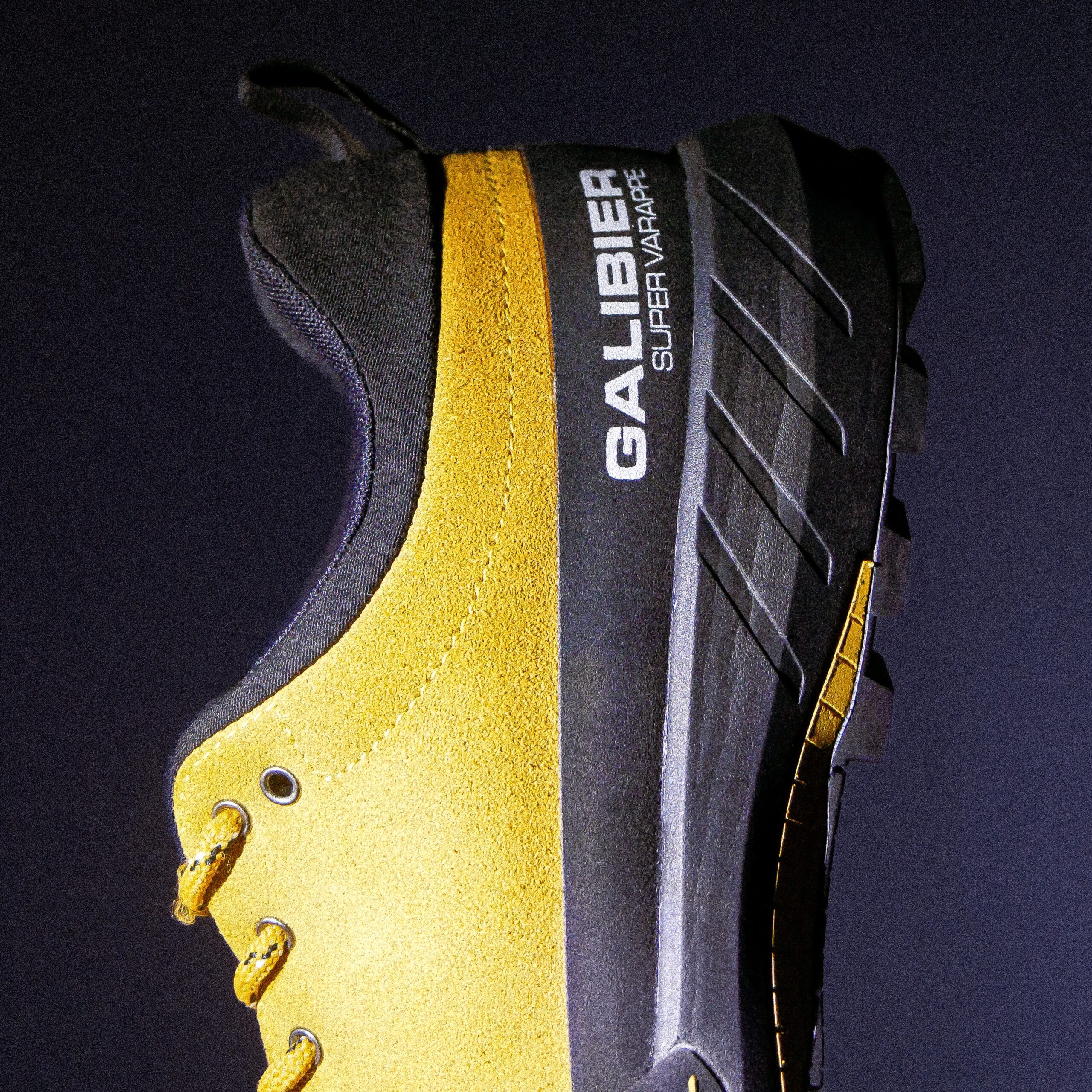 Galibier Super Varappe Low men's low-cut approach shoe in yellow suede with a grippy Vibram sole.