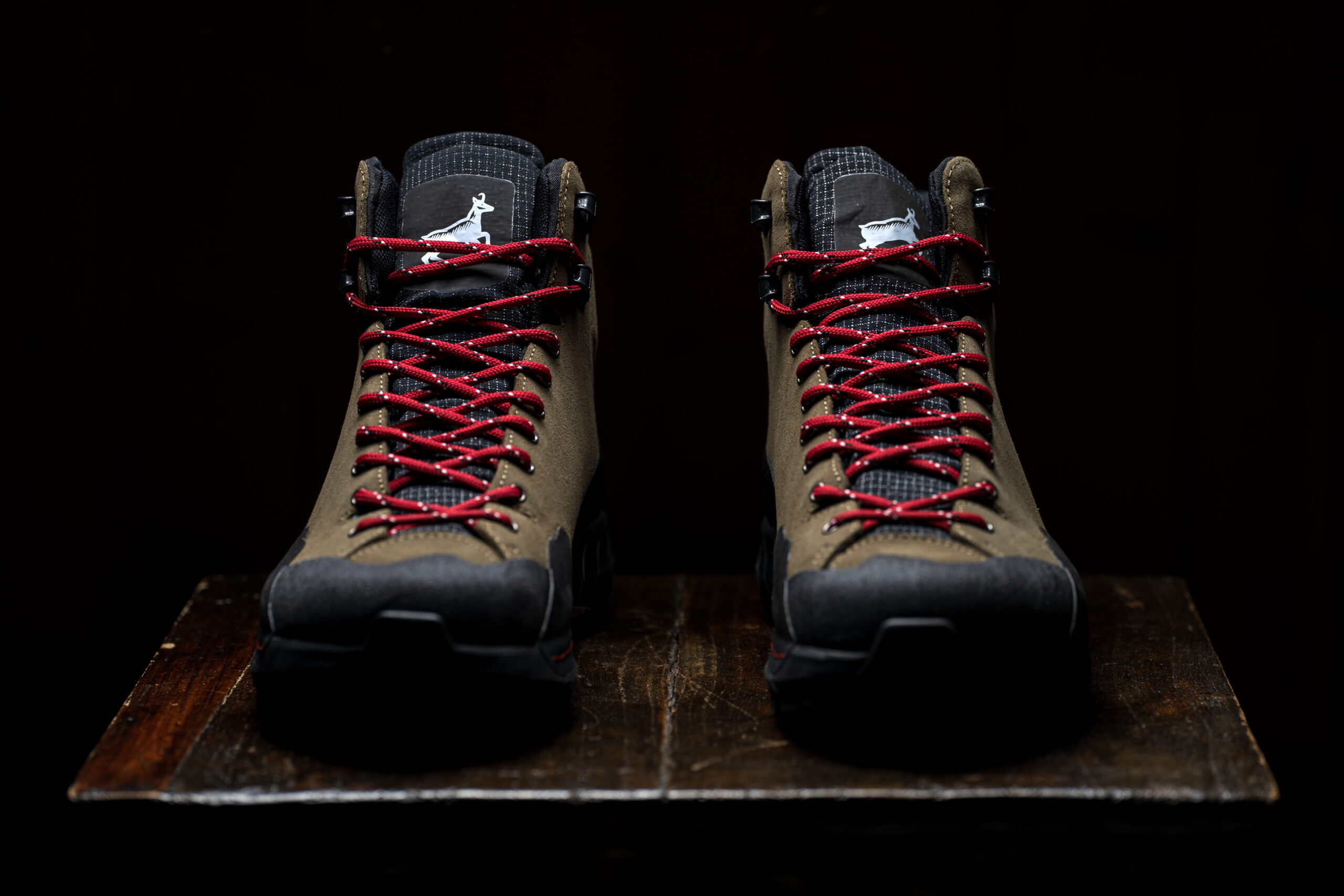 Close-up of a Galibier leather hiking boot with Sympatex membrane and Vibram SpringLug sole, showing the robustness and crampons.