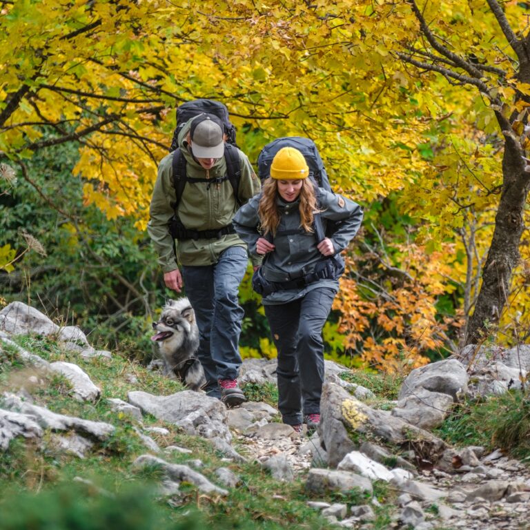 Un homme et une femme avec sacs à dos pratiquent le fast hiking sur un sentier entouré d'arbres en automne.