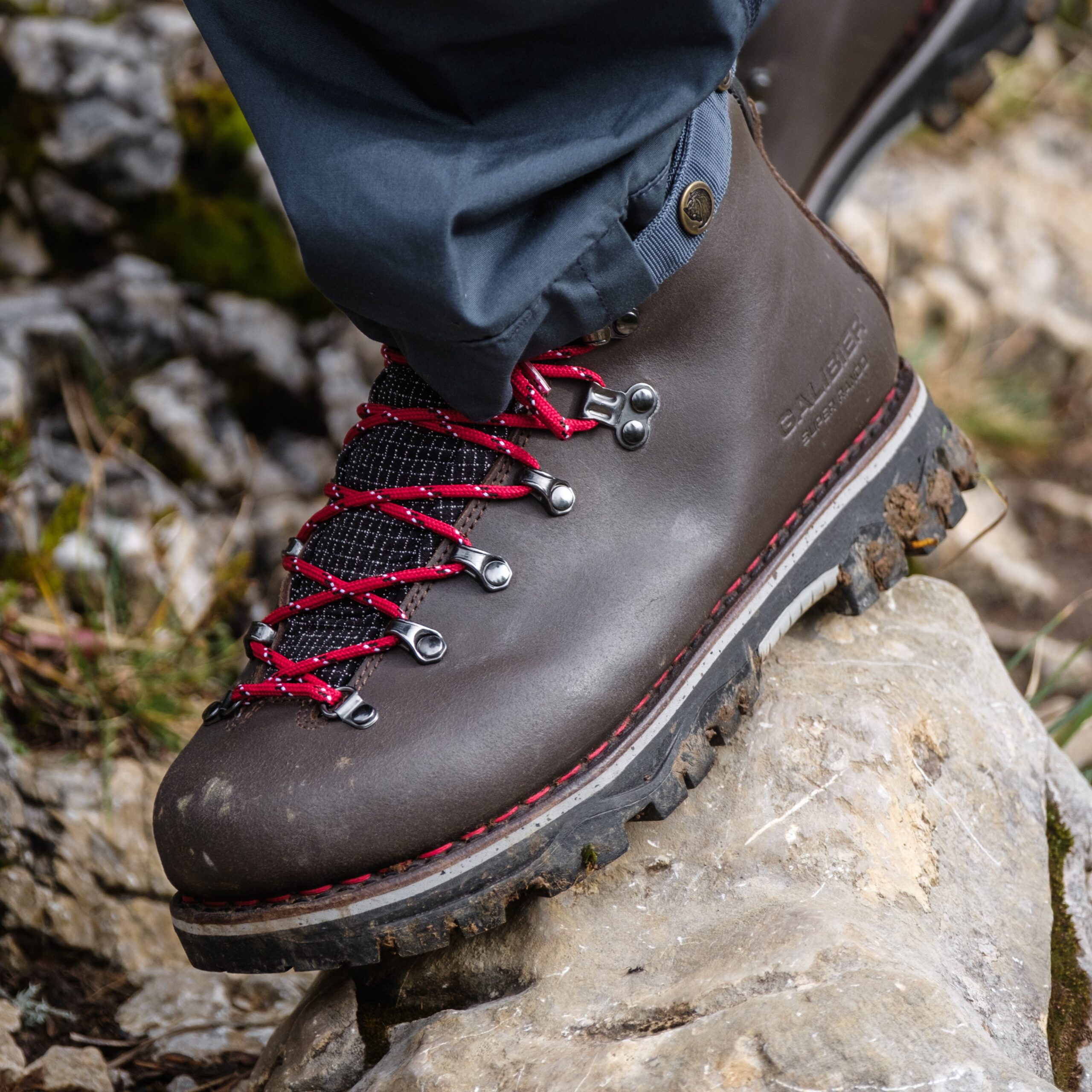 Chaussure de trekking homme tige mid en cuir marron Galibier posée en appui stable sur un bloc de rocher humide.