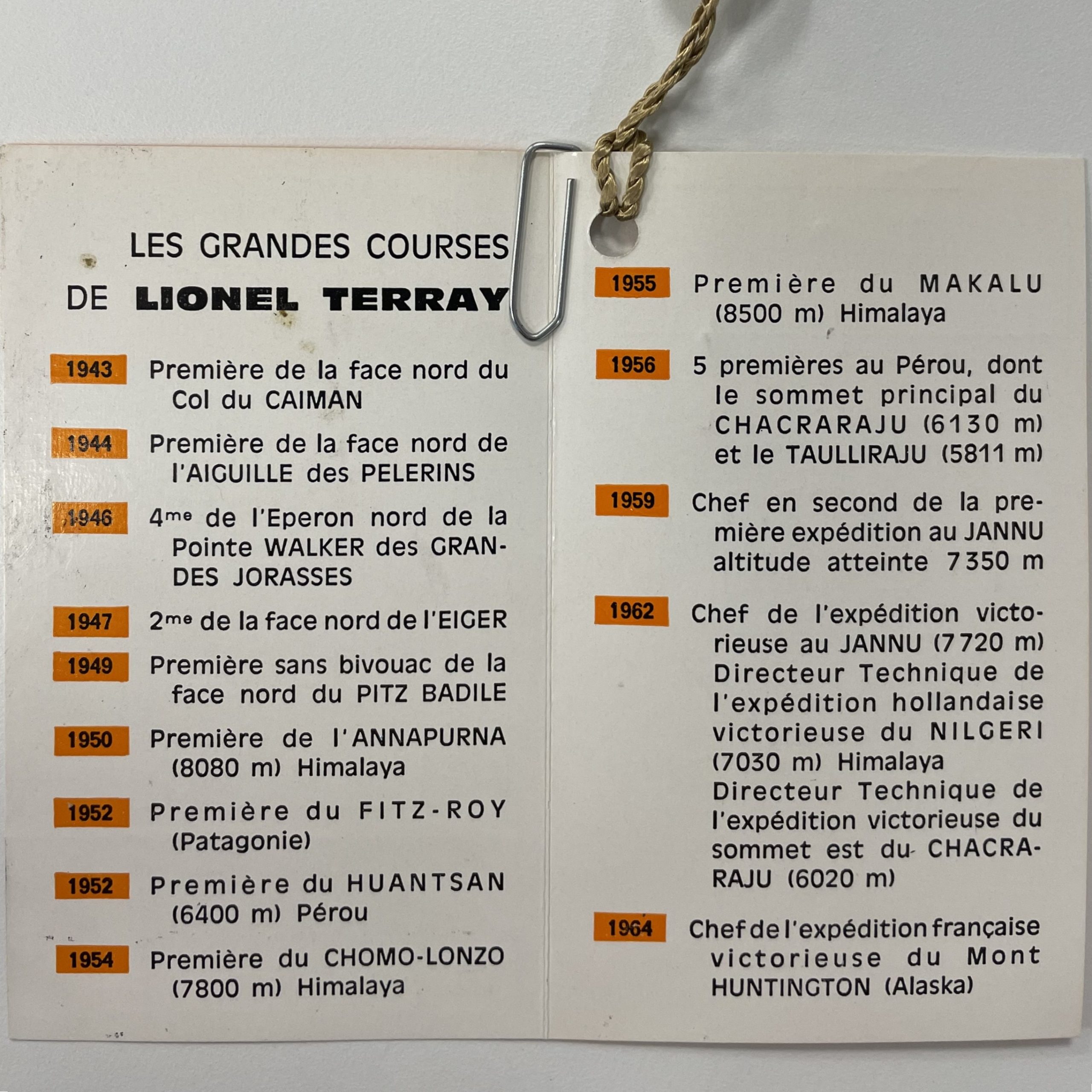 Fiche d'archive Galibier listant les premières ascensions mondiales et grandes expéditions en Himalaya de l'alpiniste Lionel Terray de 1943 à 1964.